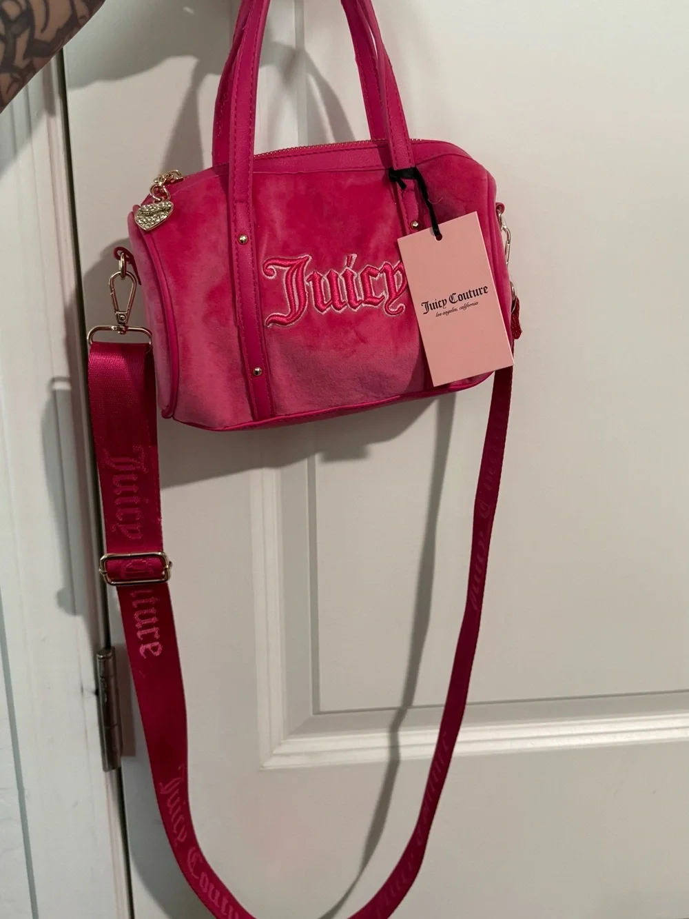 Juicy Couture Queen Of Everything Pink Velour Mini Barrel Purse Crossbody -  NWT